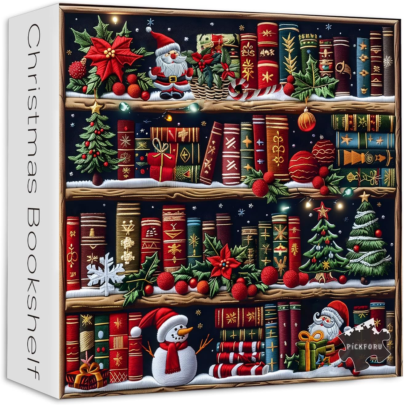 Christmas Bookshelf 1000 Piece Puzzle for Adults, PICKFORU Colorful Book Pages Jigsaw Puzzles Santa Claus Snowman, Hard Difficult Embroidery Library Theme as House Decor